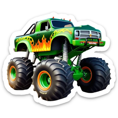 Grave Digger - Monster Jam (Model Year: 2022) (Iconic colour: Green with flames) - A legendary monster truck with a fearsome design: predominantly deep green with dynamic, vibrant flame graphics in bright orange and yellow. Highlight its rough, edgy bodywork and an aura of untamed rebellion. sticker