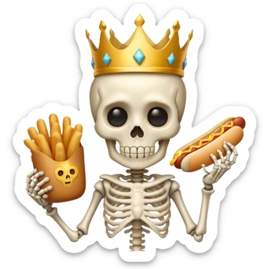 A cute skeleton wearing crown and holding hot dog sticker