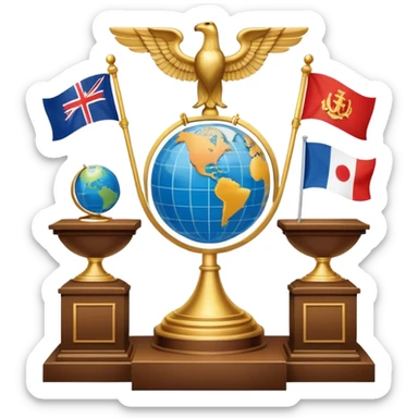 An icon featuring a podium with a speaker, national flags, and voting ballots, symbolizing political science. The design includes a globe and scales of justice in the background, representing governance, global affairs, and political theory. Transparent background emphasizes civic engagement sticker