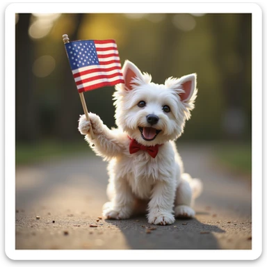 happy lifelike Westie dog waving a small US flag with realistic lighting and outdoor background sticker