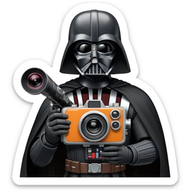 A cel-shaded illustration in the style of Borderlands, featuring Darth Vader holding a retro film camera instead of a lightsaber. Use bright, high contrast and bold outlines. No background, transparent. sticker