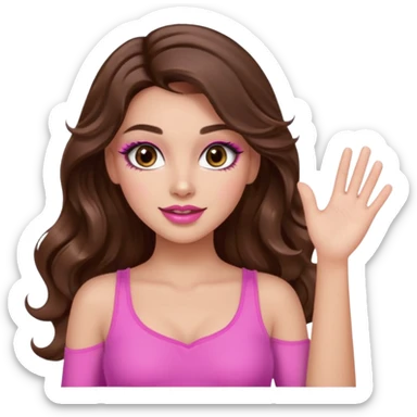 girl with long wavy brown hair, brown eyes, long lashes makeup, sexy pink lips, light to medium complexion, pink sexy top,waving sticker