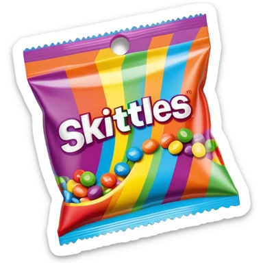 A damaged Skittles package repaired with strips of clear scotch tape, colorful packaging with rainbow colors, minimalist sticker