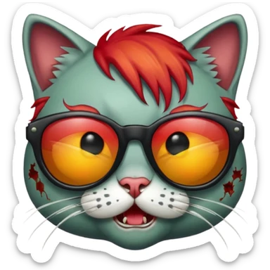 Zombie cat with red hair and sun glasses face sticker