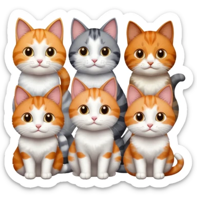 6 cats with different coloured coats, 2 are grey and white, 1 is grey with a little white, 1 calico, 1 brown tabby and white and one ginger and white sticker