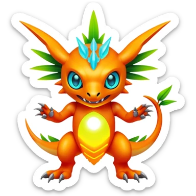 Tropical futuristic lush warm-colored neon Fakémon-Digimon-creature sticker