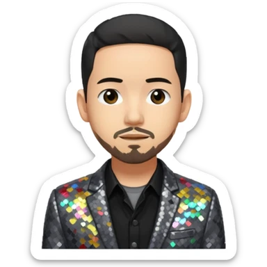 Mike Shinoda with sequin gray suit jacket with black shirt sticker