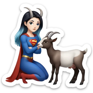 Art of a human white woman's gorgeous body scheme anatomy-very long and straight black to blue hair ombre with tiny goat antlers-leaning back-on knees-superman standing on her right-looking at each other sticker