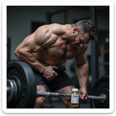 European powerlifter in weight room, bending forward with hand on back, painful expression, bottle of Stanozololo near weights, fatigue atmosphere, realistic details, gym background sticker