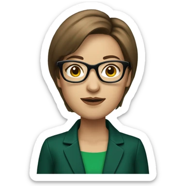 accounting woman with brown bob cut hair, an emerald green jacket and black glasses sticker
