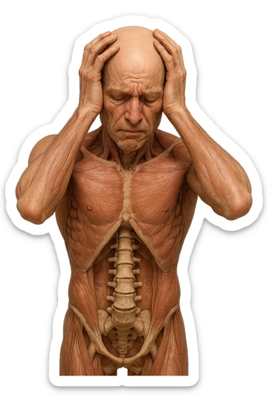 CORPO UMANO ANATOMICO con spina dorsale in evidenza, molto stanca e stressata mentre si tiene le mani sulla testa, IPERREALISTICO 4K sticker