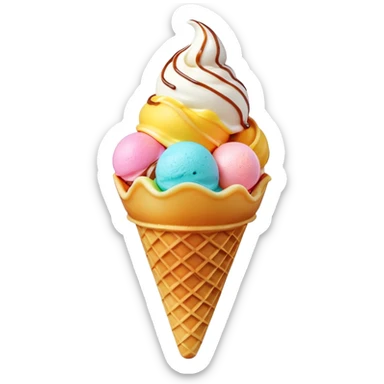 3D rendered Hong Kong egg waffle cone filled with colorful ice cream, hyper-realistic bubbled texture, glossy candy-like finish, vibrant colors, detailed texture, soft studio lighting sticker