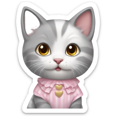 Cute gray and white kitten wearing a pink and white dress sticker