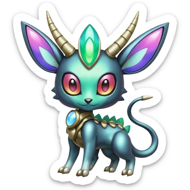 Shiny Colorful Futuristic Horned Cyber-Vernid-Trico-Meloetta-Grem2-Peppercat-Protogen-Pokémon-Digimon-Fakémon-fusion-hybrid-creature sticker