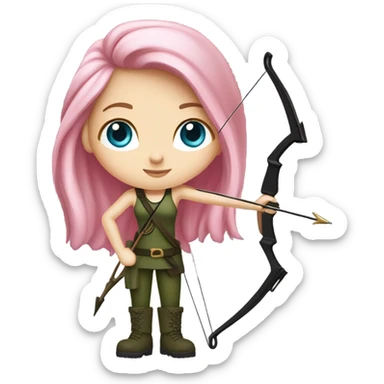 girl holding bow and arrow, long pink hair, blue eyes, white skin, army green cargo pants, black tank top, black combat boots, elf ears sticker