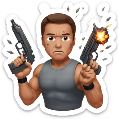 Icon for Action Movies: Arnold Schwarzenegger in the lead role, in an intense action pose with weapons, explosions, and dramatic background. The design should evoke the classic action movie feel with muscle-bound heroes and high-energy sequences. Transparent background. sticker