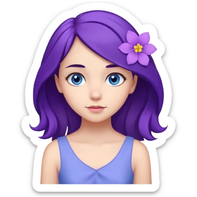 Create a girl of European appearance who looks sideways with dark brown hair, blue eyes and a purple hair flower sticker