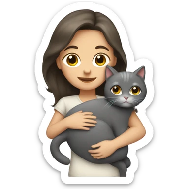 Brunette girl hugging gray cat sticker