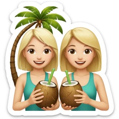 Two girls drinking out of a coconut one Asian one blonde  sticker