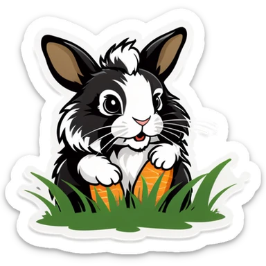 Black and white draft Lionhead, bunny eating a grass  ￼ sticker