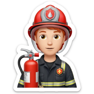 red haired Firefighter with respiratory protection with fire extinguisher sticker