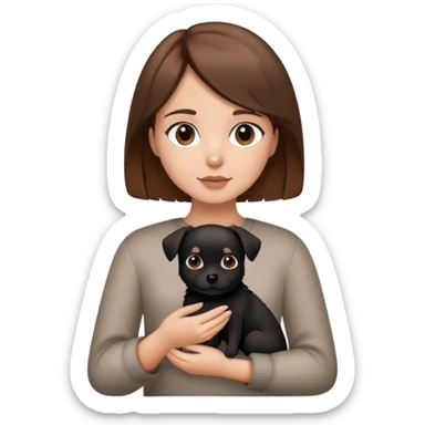 Uma menina de cabelo castanho segurando uma cachorra vira lata pretinha  sticker