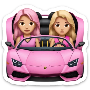 Make car far away so I can see full car Car facing forward in sports car. Make hair long  two girls in car far away Front of car sitting in the seats. Make it a pink sports car. They are two baddies make it a Lamborghini pink car  sticker