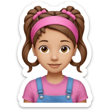 light skin woman with nice brown hair tied together in a one hairtie, wearing a pink t-shirt, demin overalls and pink wraparound hairband. expression is friendly, warm and enthusiastic.  sticker