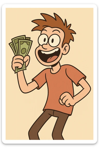 cash, energetic, cartoon style sticker
