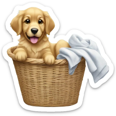puppy golden retriever in a laundry basket with a sock in its mouth sticker