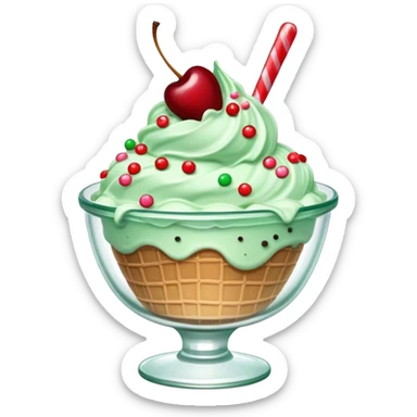 mint chip ice cream with cherry on top and sprinkles in a ruffled glass bowl sticker