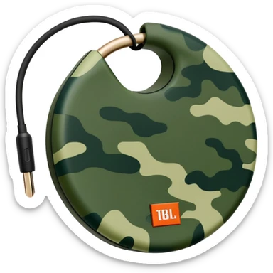 Most minimal JBL Clip 4 possible, flat circular design with clip, abstract green camo pattern, distinct JBL branding, iOS emoji style sticker