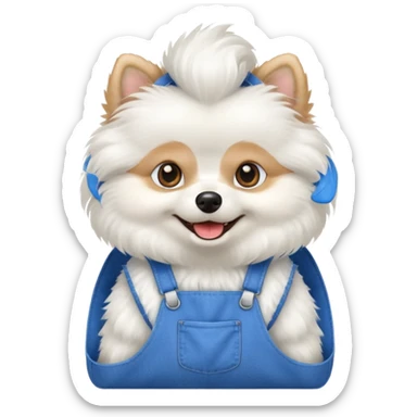 A white pomeranian wearing blue overalls sticker