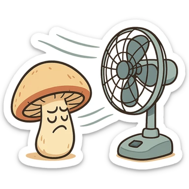 a cartoon style illustration of a mushroom with wind lines from a fan showing the drying process sticker