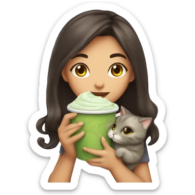 Cute girl holding a cat and cup of iced matcha  sticker