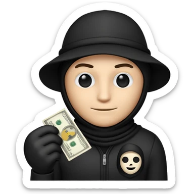 Make a robber emoji holding a bank cash with black white pattern  sticker