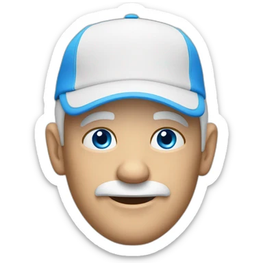 a bald old english man with bright blue eyes and golf hat sticker