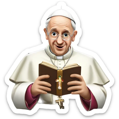 pope francis inside of a church holding a bible wearing a christmas hat sticker