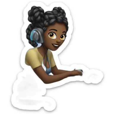 A black woman with space buns behind a computer screen, working in the field of technology sticker