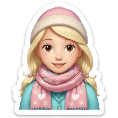 A cute, warm Christmas emoji-style illustration for a romantic A cozy winter atmosphere, soft pastel colors, gentle lighting. A sweet smiling girl with a warm scarf, glowing Christmas lights, snowflakes, and a small heart symbol. clean lines, closeness, and affection.
 sticker