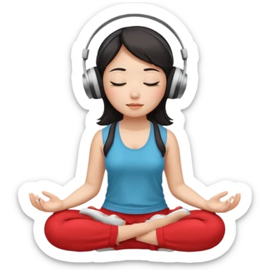 An East Asian woman🧘🏻‍♀️ is sitting cross-legged in a meditation pose, wearing Apple headphones🎧 and listening to music. The song is so beautiful that she has her eyes closed and tears streaming down her face. sticker