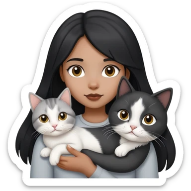 black longhair girl holding a white&grey short cat sticker