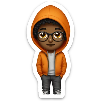 young boy, orange hoodie, black curlies, round glasses sticker