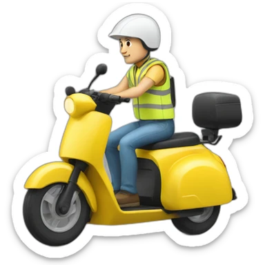 a bald man with a yellow safety vest and a yellow bicycle helmet on a xiomi scooter sticker