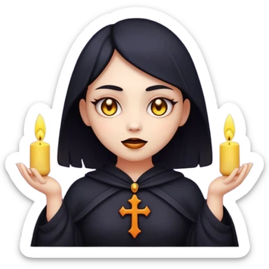 Stylized cult cartoon girl emoji, eerie-cute aesthetic, symmetrical design, subtle spooky vibe, glowing eyes, chanting “AMILK”, bold graphic icon sticker