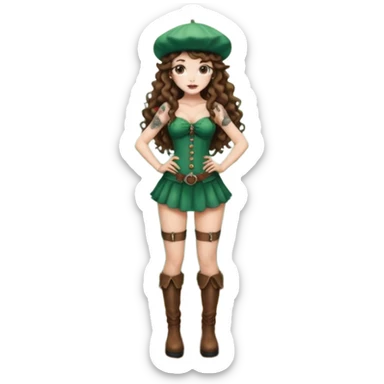 full body woman long curly brown hair brown eyes white skin tattoos wearing mushroom cap hat and thigh high boots, hands on hips, sexy forest sprite sticker