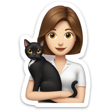 woman with brown hair holding a tuxedo cat sticker