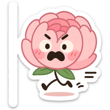 round chibi pastel pink peony flower with blushing cheeks and a panicked expression, rushing with tiny legs, transparent background sticker