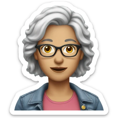 female white teacher grey hair with glasses wearing jeans and a jean jacket sticker