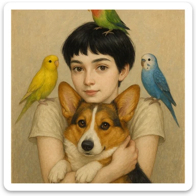 Dark short hair, dark brown eyes with pale skin and thin eyebrows girl hugging a welsh corgi. And a green-reddish lovebird on her head with yellow, blue love birds around her. sticker